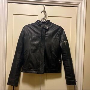Faux leather motor bike jacket made in Italy leather laces on arms, black